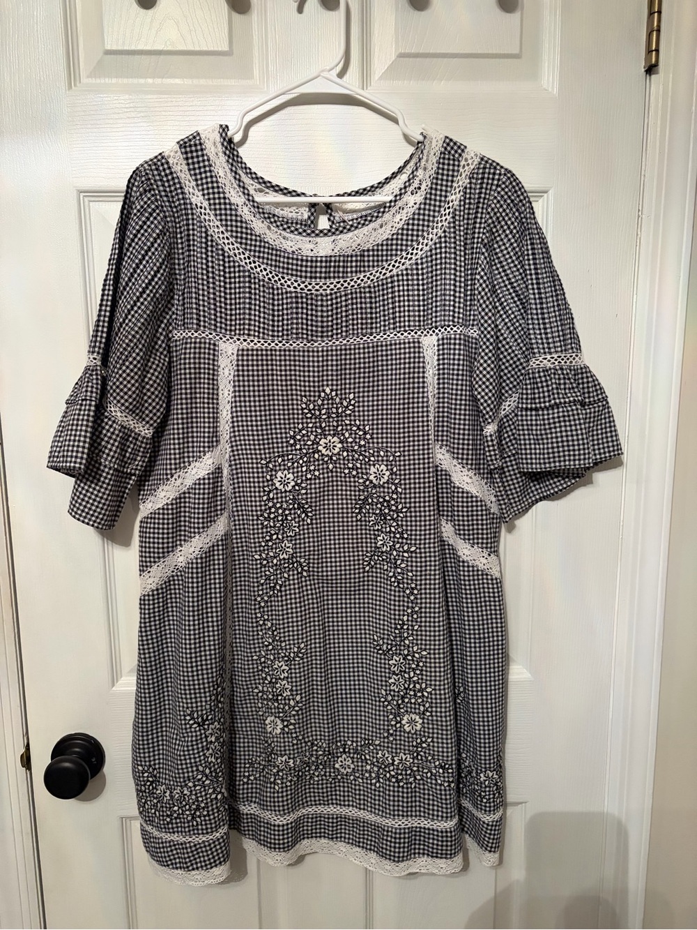 Free People Black & White Gingham Lace-Trim Top